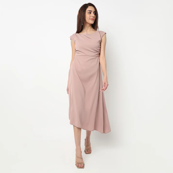 Solid Midi Dress With Draped Waist